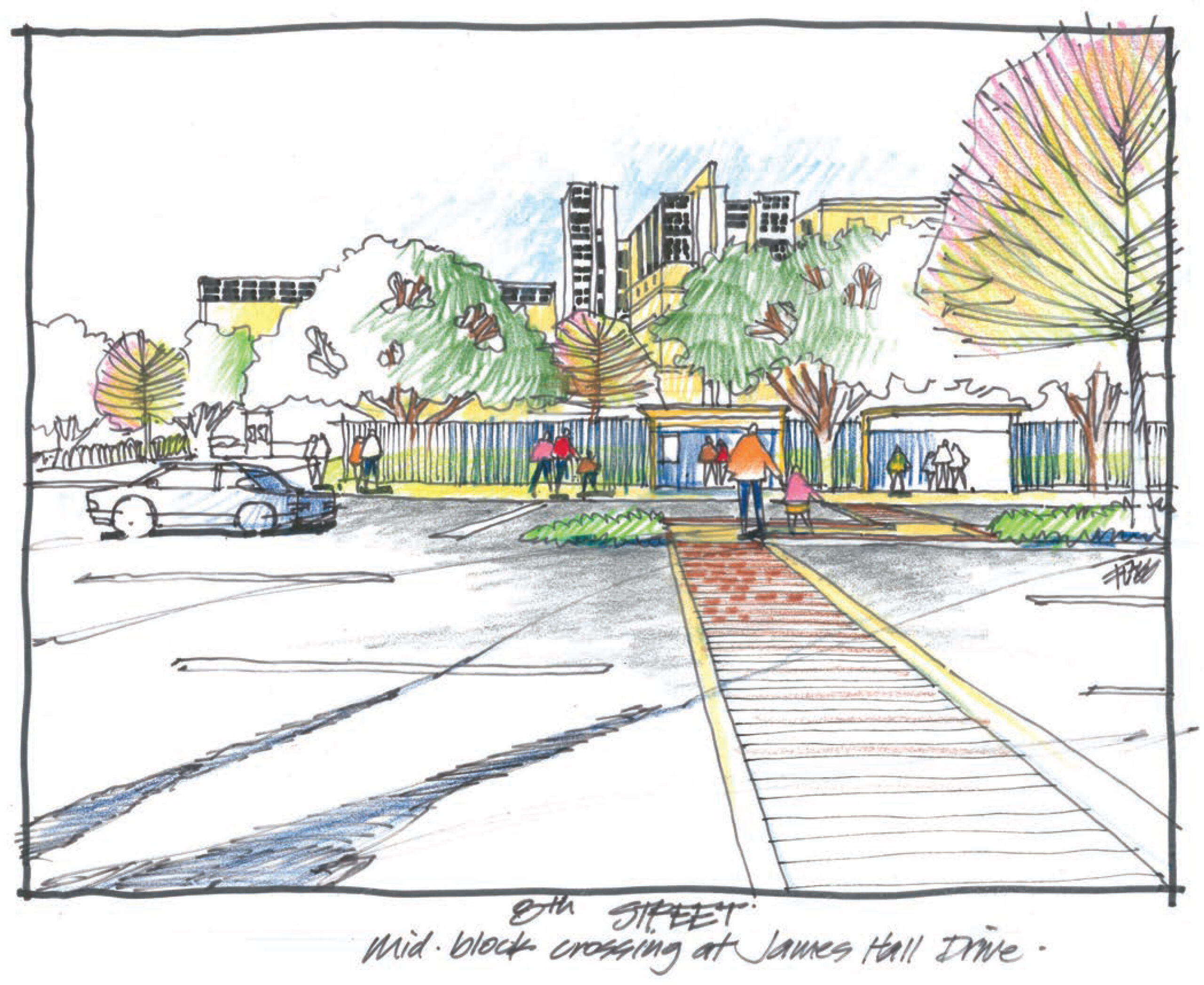 Illustration of 8th Street mid-block crossing at James Hall Drive