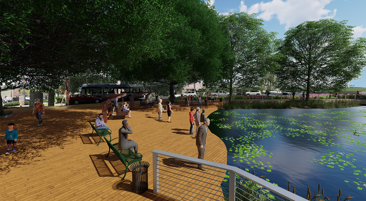 Rendering of people next to a pond
