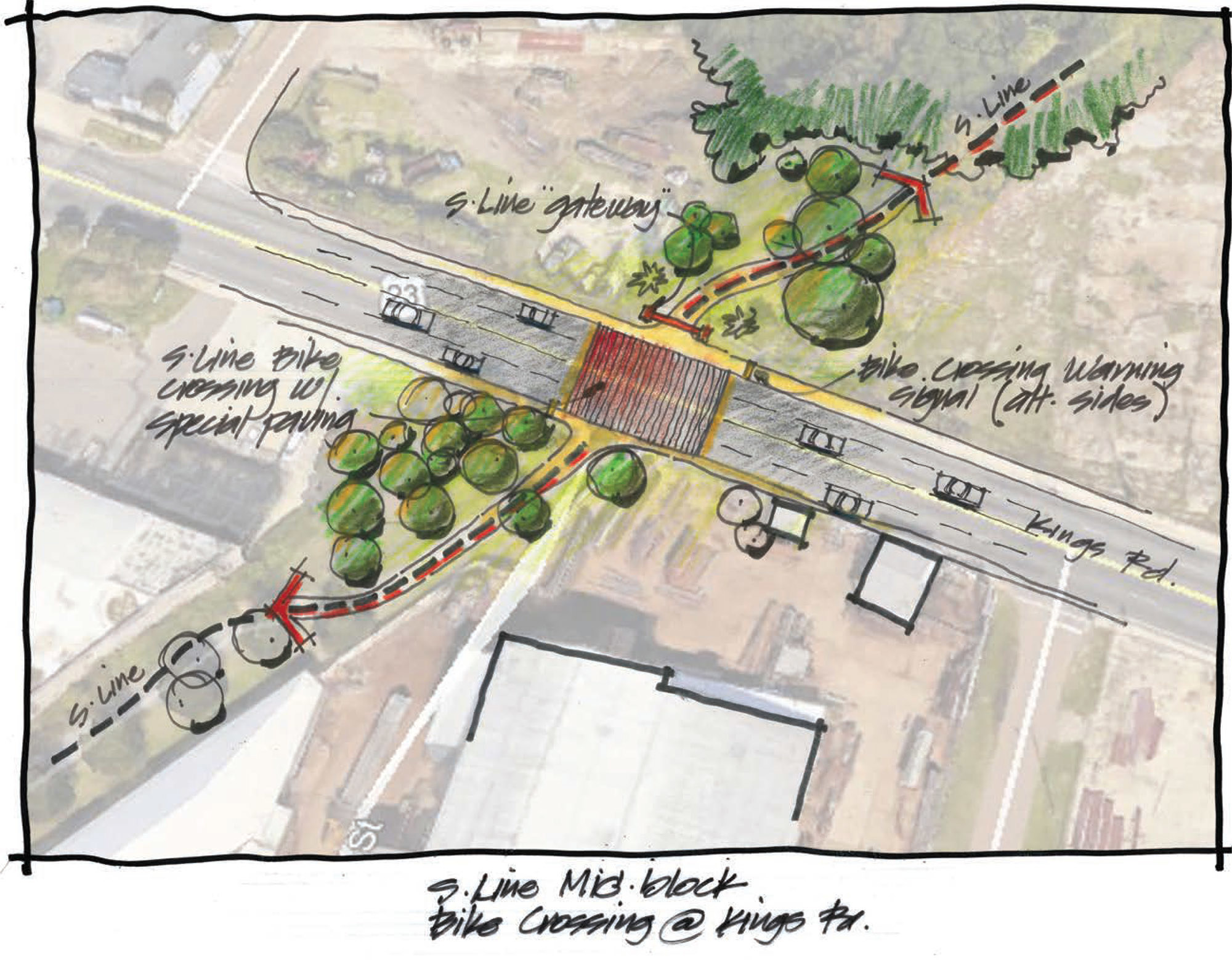 Illustration of upgraded section of Kings Road where it intersects with a walking path