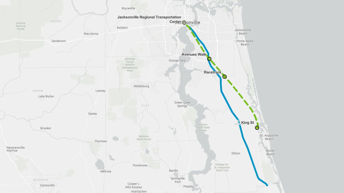 Map of rail line proposal between Jacksonville and St. Augustine