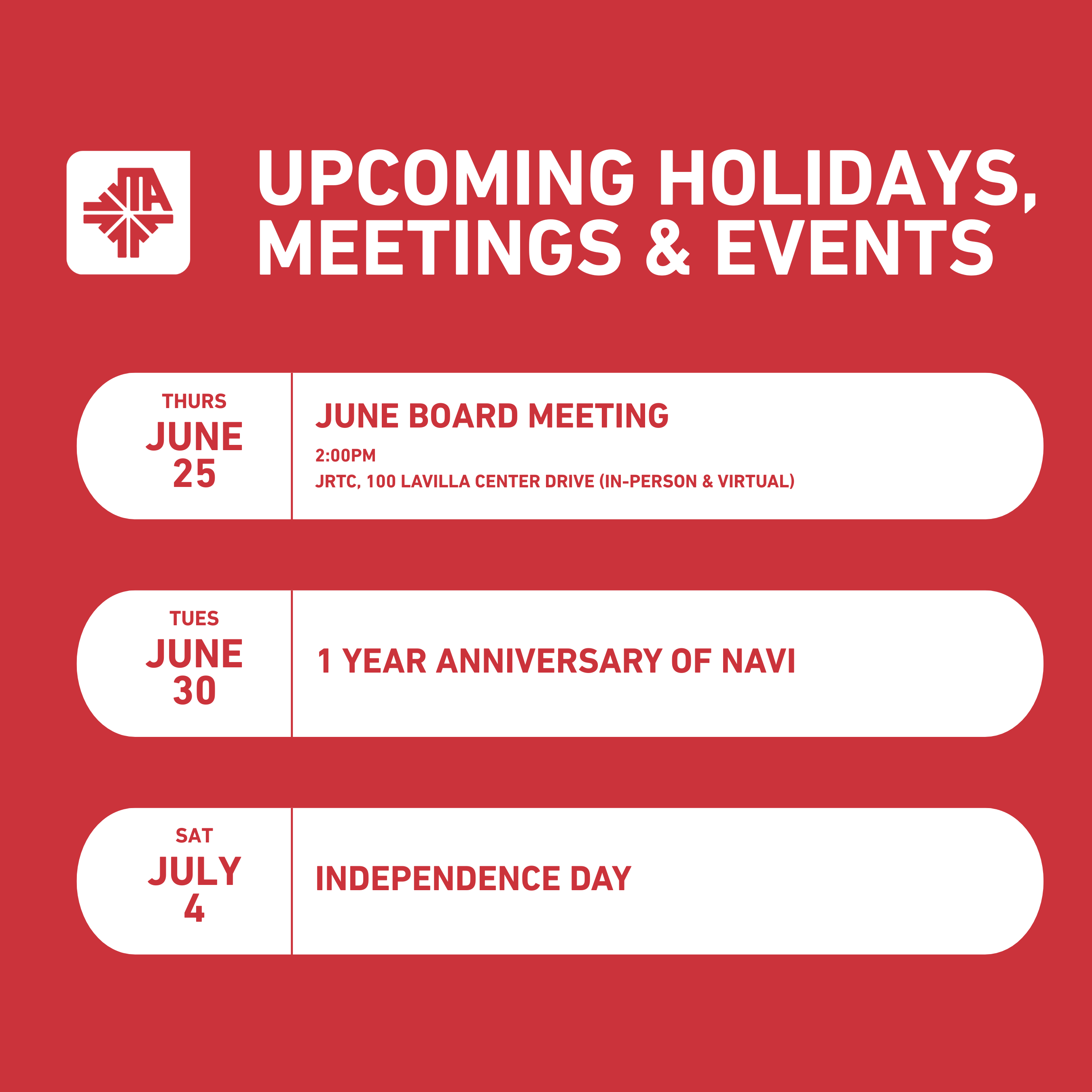 Upcoming Holidays, Meetings, and Events